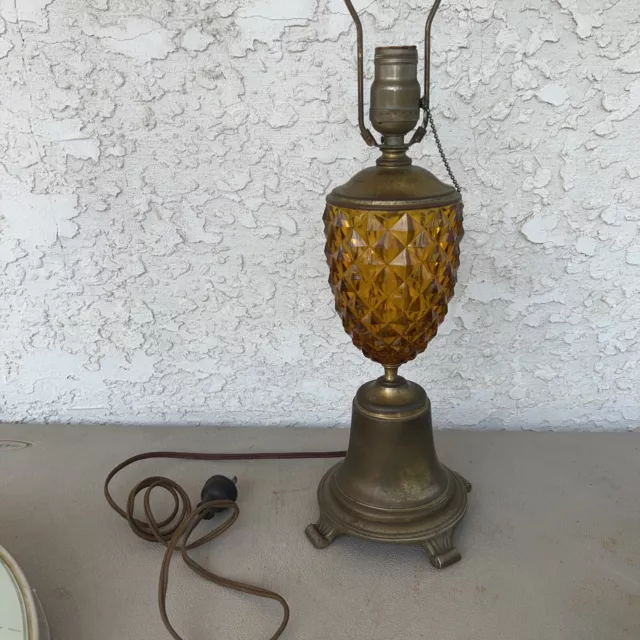Vintage Amber Glass & Metal Table Lamp Quilted Diamond Pattern - Works Fenton