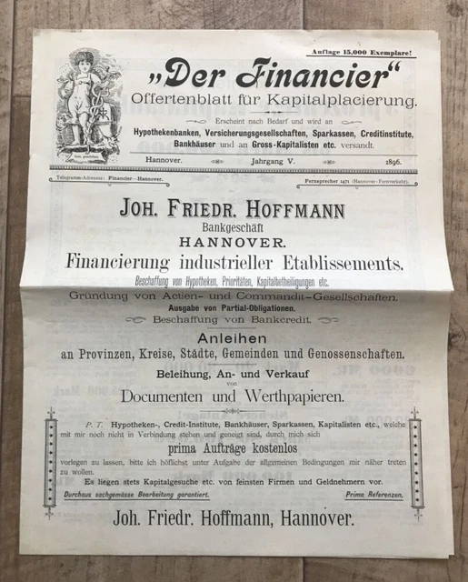 Offertenblatt per Kapitalplacierung 1896 Joh Friedrich Hoffmann Hannover