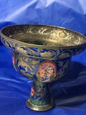 Antique 19th Century  Qajar  Persian Enameled Silver  Stem Cup. 2