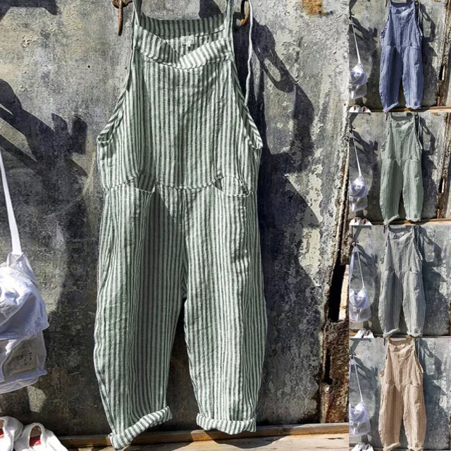 Women Striped Dungarees Jumpsuit Playsuit Casual Overalls Baggy Romper Pants