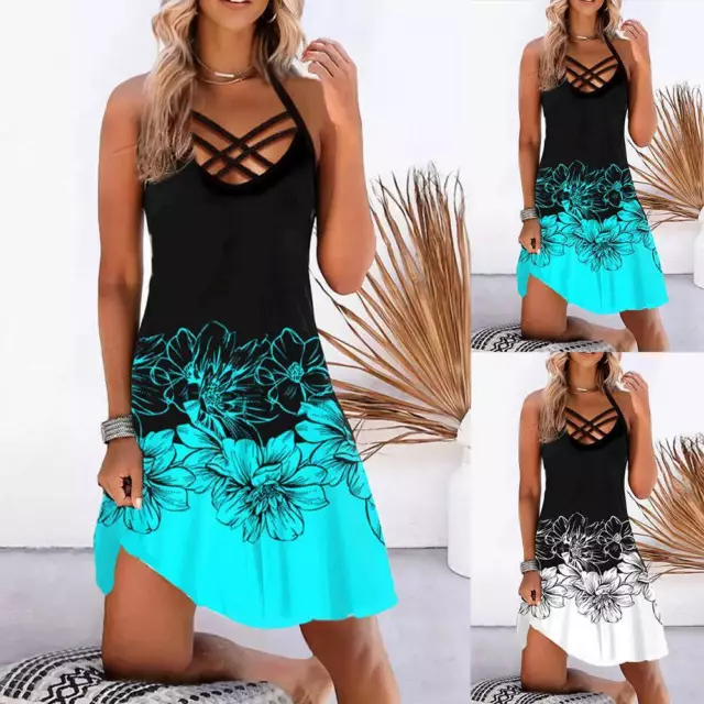 Sexy Women's Floal Sleeveless Dress Ladies Casual Summer Beach Mini Sundress US