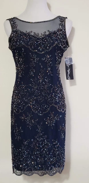 Pisarro Nights  Beaded Short Mesh Sheath Gown Evening Dress Dark Blue Size 4
