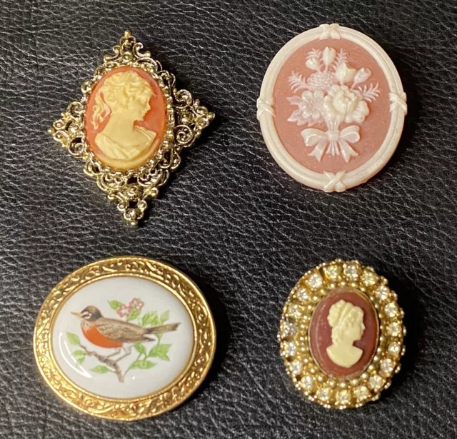 4 VNTG Brooches Cameo Ladies/Floral/Bird Filigree Porcelain Pendant Coro,Gerry’s