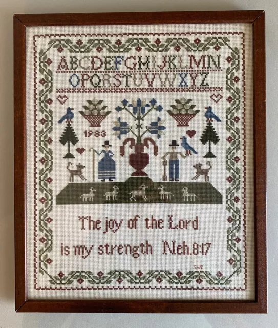 Vintage Cross Stitch Sampler Framed The Joy of the Lord is My Strength