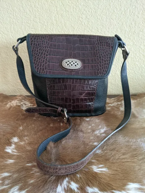 Vintage BRIGHTON “Brown & Black” Croc Embossed Leather Bucket Flap Crossbody Bag