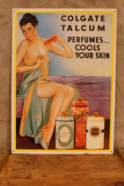 Vintage Chromolithograph on Metal Colgate Talcum Powder Advertising Sign