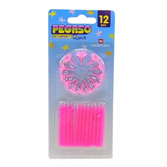 Lotto 156 Candeline - Set 13 Confezioni Da 12 Candeline Rosa Con Supporto