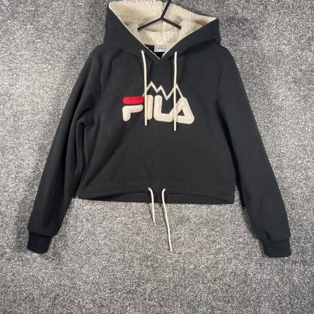 Vintage Fila Hoodie Womens Medium Black Cropped Sherpa Long Sleeve Pullover