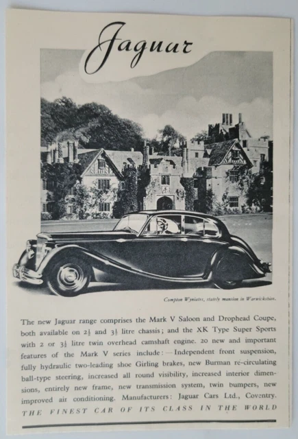 Jaguar Mark V Saloon Drophead Coupe XK Type Super UK Print Ad ILN 1949 4.5x6.5"