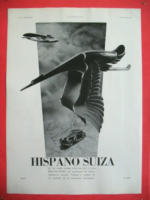 PUBLICITE DE PRESSE HISPANO SUIZA AUTOMOBILE ILLUSTRATION RENé RAVO AD 1935