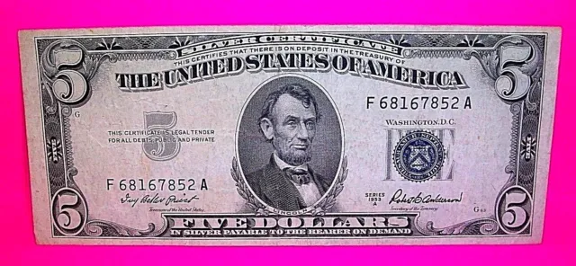 $5 Five Dollar SILVER CERTIFICATE Series 1953 A BLUE Seal Bill Money Great Note