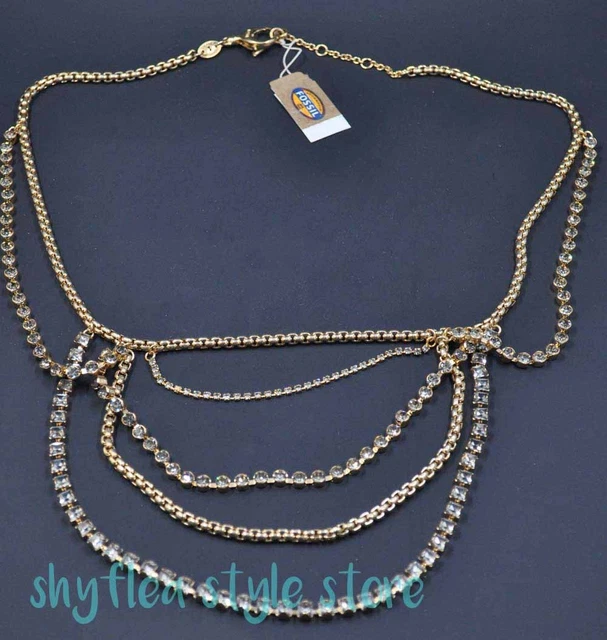 Fossil Brand Necklace Vintage Revival Gold Tone Chain Crystal Statement Layered Fossil Brand Necklace Vintage Revival Gold Tone Chain Crystal Statement Layered