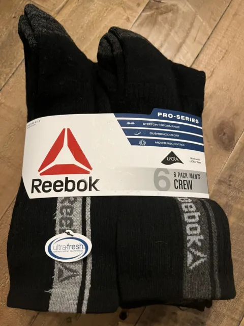 New Reebok Mens Black Crew Socks Pack of 6 Pairs Pro-Series Size 6 - 12.5