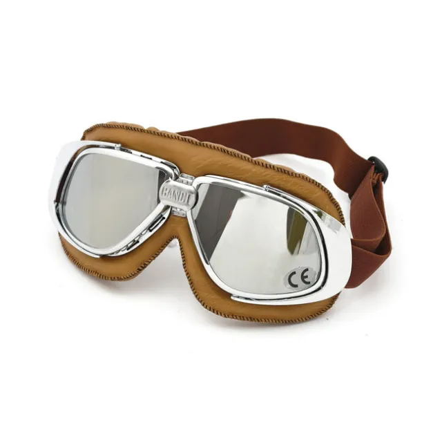 Bandit Classic Goggle, Chrom Linse, Motorradbrille, Leder, braun, für Jethelme