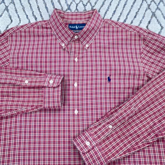 Ralph Lauren Shirt Men XL Pink Blue Pony Plaid Button Up Custom Fit Poplin Dress 3