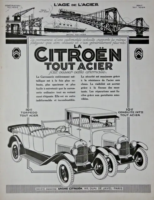 Publicité De Presse 1925 La Citroen Entiérement Métallique 10 Hp Torpedo