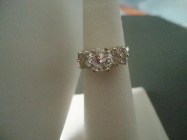 Avon Solitaire Ring with Pave Stones Silvertone, Sz 5, Very Good Used