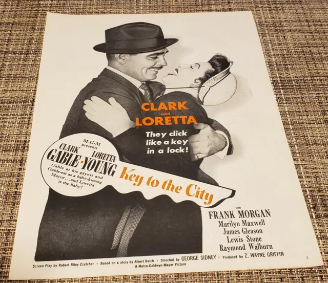 Vintage 1950 Clark Gable Movie AD Key to the City Loretta Young MGM 50's