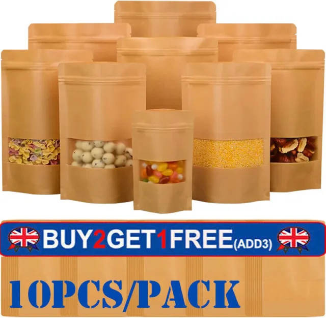 Up Pouch Resealable Zip Heat Seal Lock10Pc Kraft Paper Bag Window Display Stand