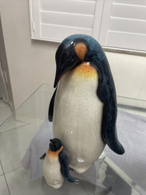 Penguin with baby statue (blue, black, orange, cream) 12 inches