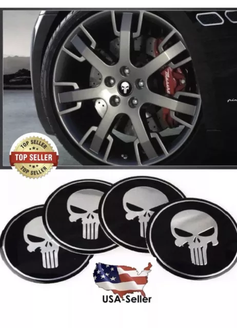 4x 56mm Skull Punisher Wheel Rim Center Hub Cap Emblem Sticker Decals BLK 2.25”