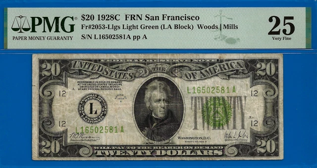 1928C $20 Federal Reserve Note San Francisco PMG 25 Light Green Seal Fr 2503-L