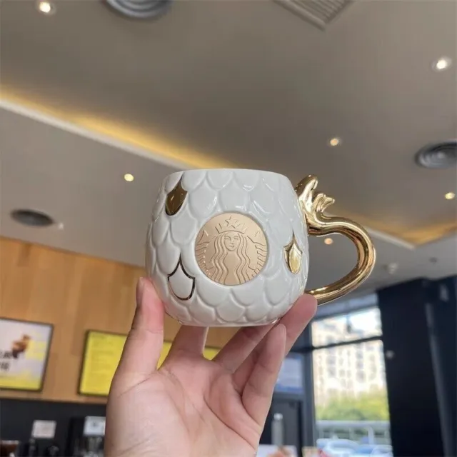 New 2024 China Starbucks The year of Dragon Scale 12oz Ceramic Mug gold handle