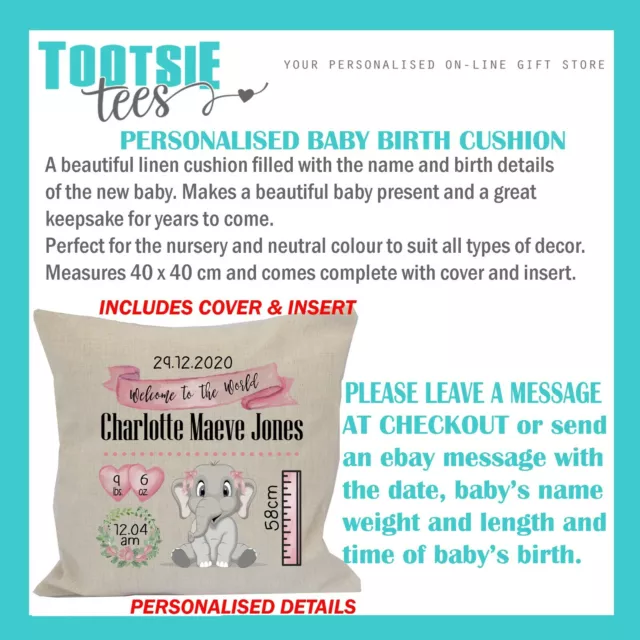 Baby Birth Details Cushion Personalised Name Baby Girl Arrival Newborn Gift 2