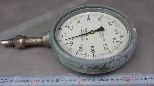 Ancien gros thermomètre d'usine à tube acier H GROUX et Cie 120 °C