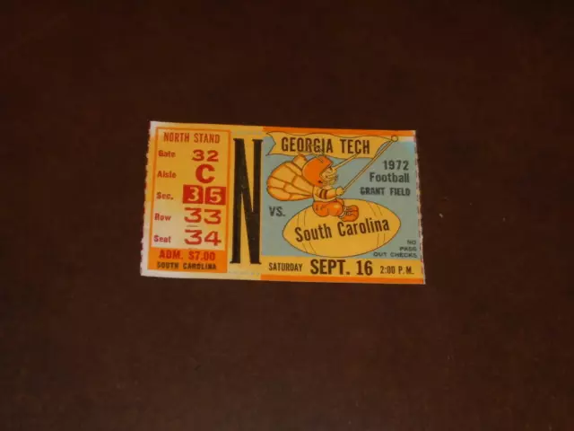 1972 South Carolina At Georgia Tech College Football Ticket Stub