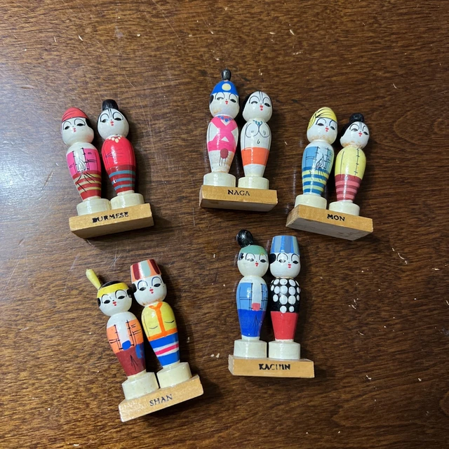 Burmese Folk Art Style Tiny Wooden Dolls Tribes People Of Mayanmar Burma 2
