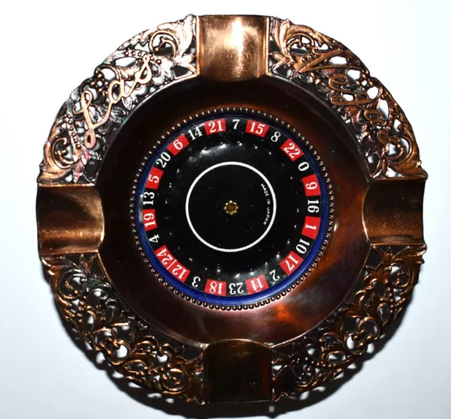 Vintage LAS VEGAS Scroll Work Copper, Glass Roulette Wheel Game Ashtray Working