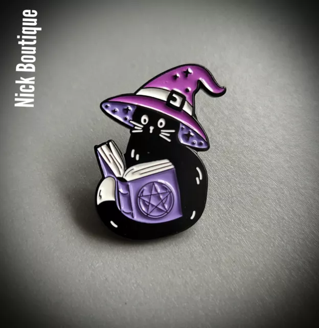 Enamel Badge Black Cat Purple Hat Reading Spell Book Lapel Pin Small Brooch Gift