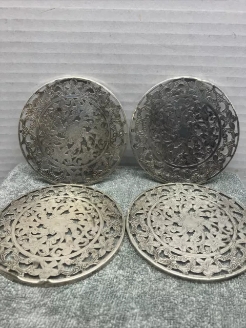 SET Of 4 ANTIQUE WEBSTER STERLING SILVER OVERLAY GLASS COASTERS 3"