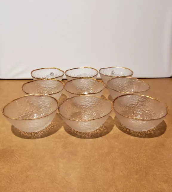 9 VIDRIOS de LEVANTE Gold Rim Glass Bowls Hand Made In Spain Glacier Ice Texture