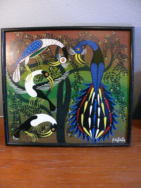 Vintage Tinga Tinga Tanzania East Africa Art Signed Yusufu Tingatinga Peacock