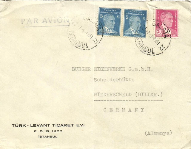 Turkey printed cover Par Avion Türk-Levant Ticaret Evi canc. Istanbul 07.09.1951