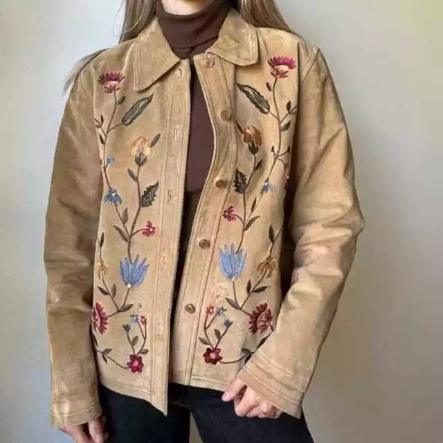 Vintage Brandon Thomas Suede Jacket Leather Tan Floral Embroidered  Size L