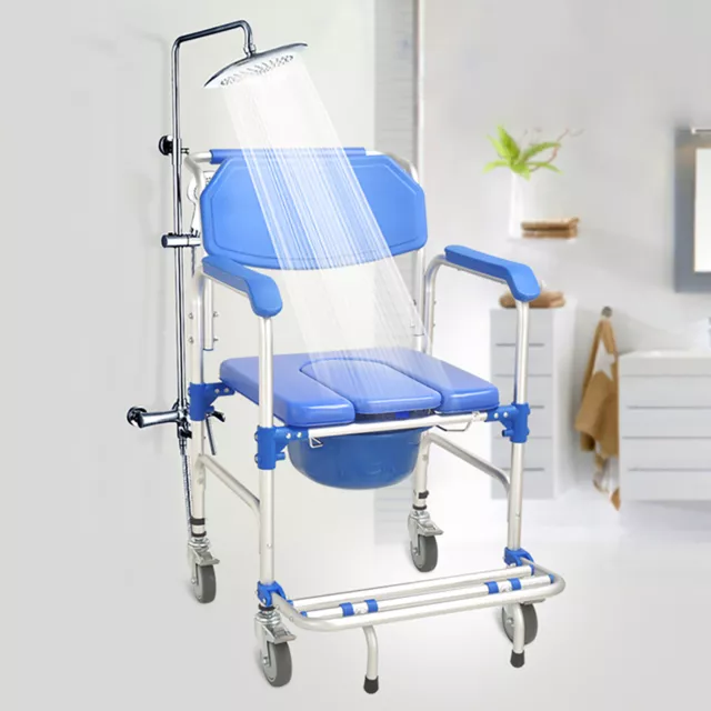 MEDICAL TRANSPORT COMMODE Wheelchair Aluminum Shower Chair w/ Rolling