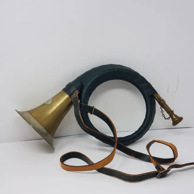 Furst Pless Brass German Hunting Horn Green Leather Wrap
