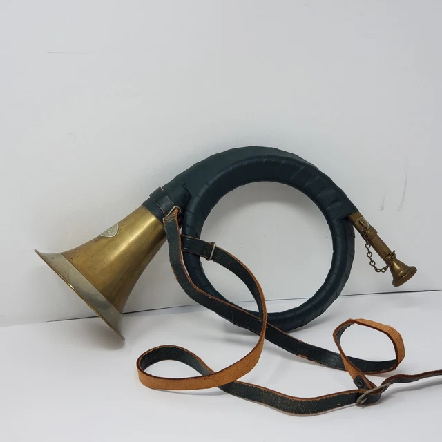 Furst Pless Brass German Hunting Horn Green Leather Wrap