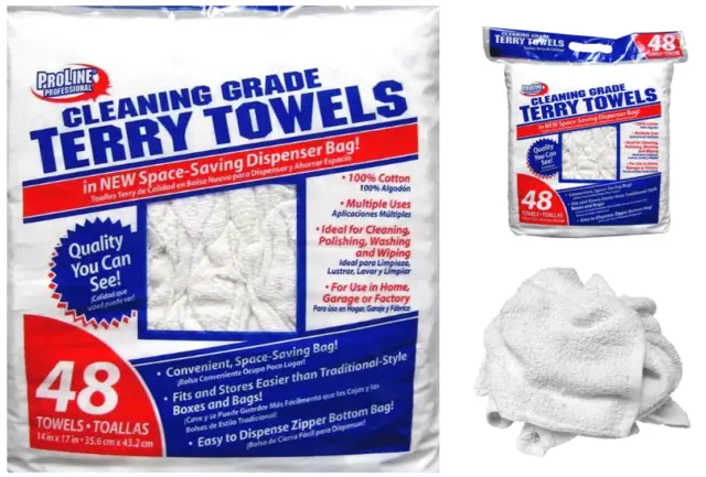 Cleaning-Grade Terry Towels, White Cotton Cloth Rag Polishing Washable 48 Towels