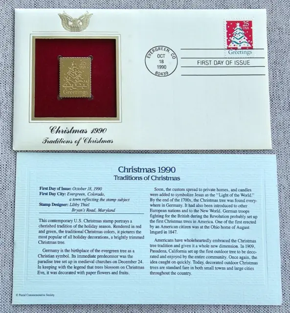 TRADITIONS OF CHRISTMAS (TREE) ~ 22k Gold Foil FDC 1990 Stamp FIRST DAY ISSUE