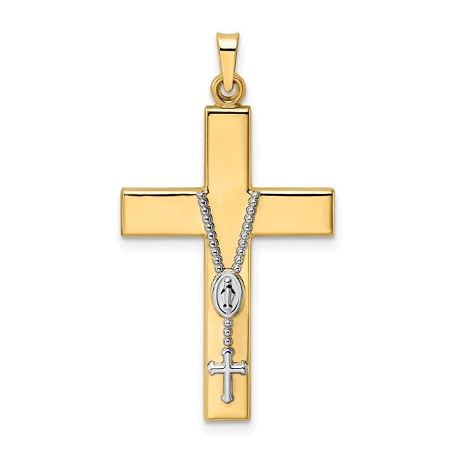 14k Two-tone Gold Polished Hollow Rosary Cross Pendant For Womens 1.17g