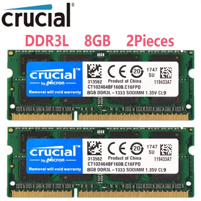 CRUCIAL DDR3L 16GB (8GB x2) 1333mhz PC3L-10600 Laptop SODIMM Memory RAM 204Pin