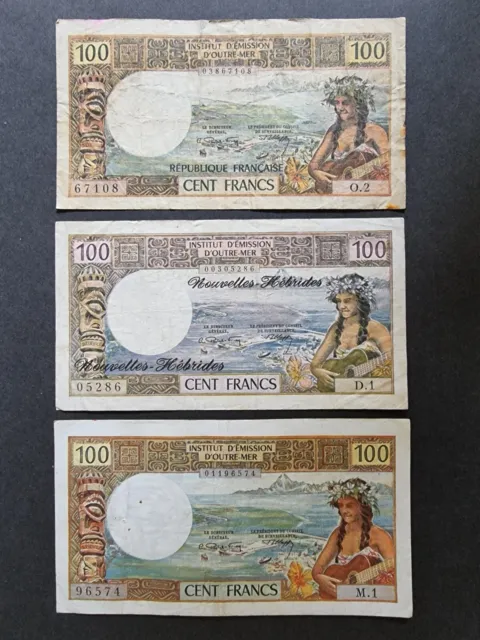 Banknotes New Caledonia 3x 100 Francs 1969 - 1971 Noumea, Papeete & New Hebrides