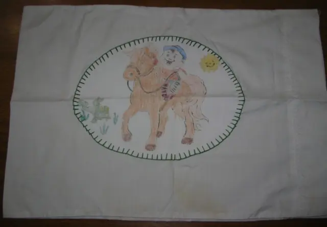 Vintage 19 1/2" X 13 1/2" Handmade Baby Pillow Case Hand Painted Boy On Pony
