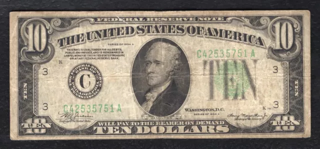 1934-A $10 Ten Dollars Frn Federal Reserve Note Philadelphia, Pa Very Fine