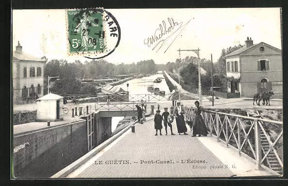 CPA Le Guétin, Pont Canal, L´Ècluse 1908