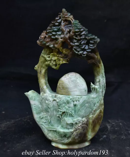 8.4" Chinese Natural Dushan Jade Carved Mountain Tree House Portable Kettle